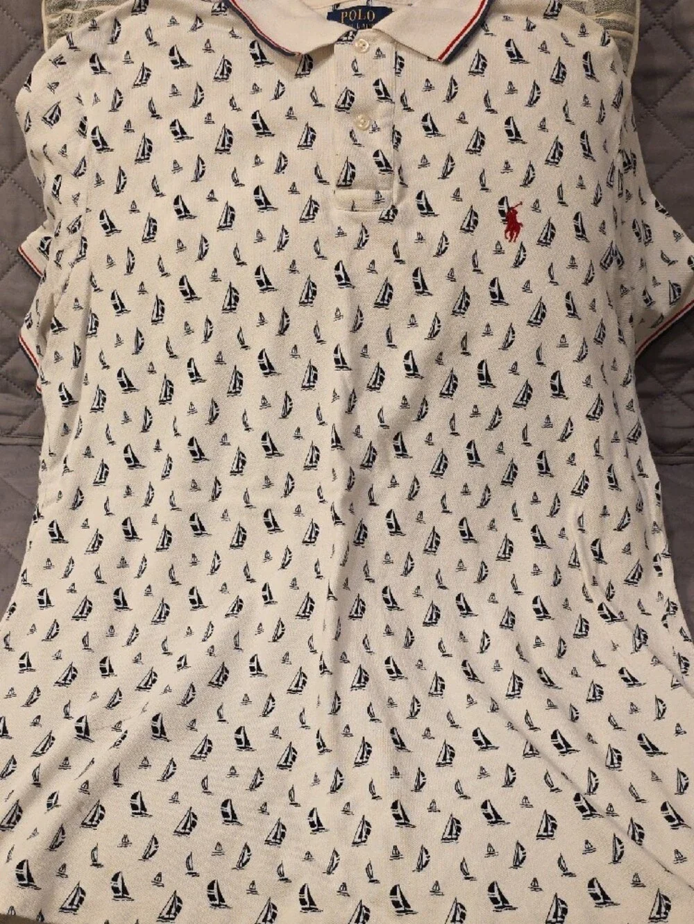 Polo by Ralph Lauren Classic Fit White Polo Shirt Navy Sailboat Print Red Logo